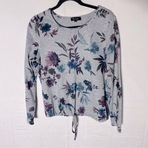 5/$25 Lily Morgan Grey Purple Blue Floral Drawstring Hem Scoop Neck Top L